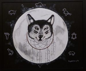 Painting: a wolf in front of the moon
