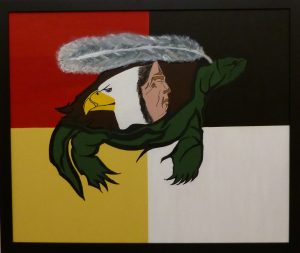 Painting: Turtle supporting an Elder, Eagle and feather.